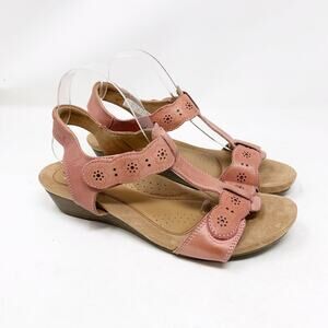 Cobb Hill Hollywood T Strap Light Rose Pink Leather Wedge Comfort Sandal Size 10
